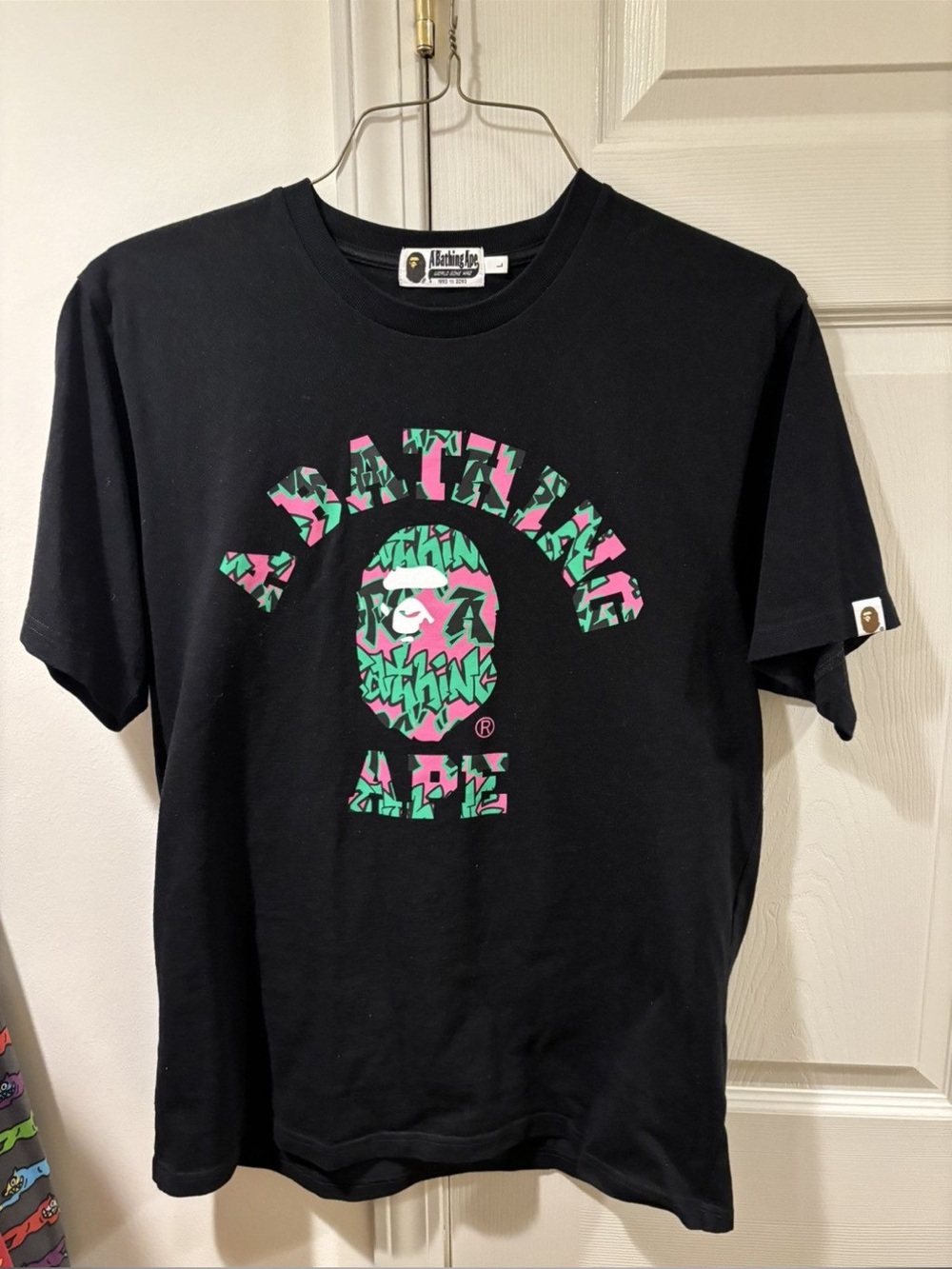 Bape Tshirt Black Tee with Pink & Green Graphic